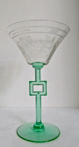 Morgantown Marilyn Etch Glass " Square " Crystal / Green Stem Champagne (chips)