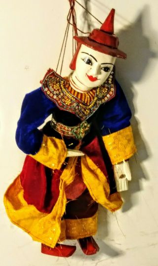 Vintage Burmese Carved Wood Marionette String Puppet Hand Painted 12 " H Wood Hat
