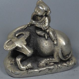 Collectable Tibet Old Miao Silver Carve Child Ride Bull Exorcism Handwork Statue