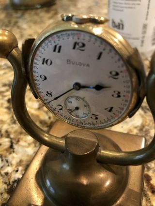Vintage Pocket Watch Brass Holder Stand With Bulova Watch 5