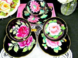 3 Made In Japan Tea Cup And Saucer Rose Pink Painted Set Of Teacup Black Pink