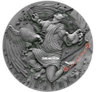 2019 2 Oz Silver $5 Niue Prometheus Ancient Muths Iii Antique Finish Coin.