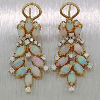 Antique Vintage Estate 14k Yellow Gold Fire Opal Diamond Drop Dangle Earrings