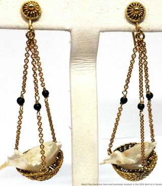 Ultra Rare 14k Gold American River Pearl Nesting Birds Chandelier Earrings