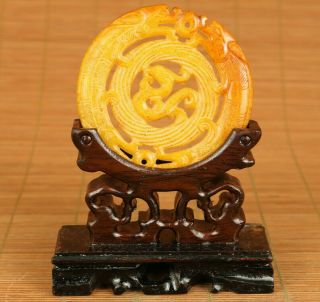 Chinese Old Jade Handcarved Dragon Statue Pendant Necklace,  Pedestal Decoration