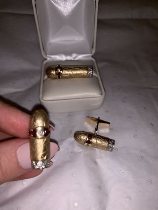 14K YELLOW GOLD VINTAGE CIGAR CUFF - LINKS AND TIE CLIP SET W DIAMONDS AND RUBIES 10