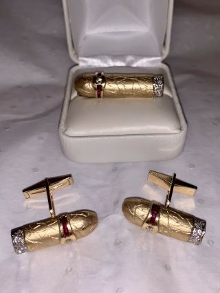 14K YELLOW GOLD VINTAGE CIGAR CUFF - LINKS AND TIE CLIP SET W DIAMONDS AND RUBIES 11