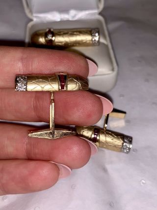 14K YELLOW GOLD VINTAGE CIGAR CUFF - LINKS AND TIE CLIP SET W DIAMONDS AND RUBIES 8