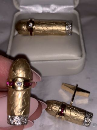 14K YELLOW GOLD VINTAGE CIGAR CUFF - LINKS AND TIE CLIP SET W DIAMONDS AND RUBIES 9