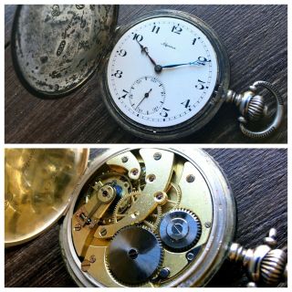 ✩ Antique Alpina Silver 0.  900 Old Swiss Made Mechanical Rare Pocket Watch