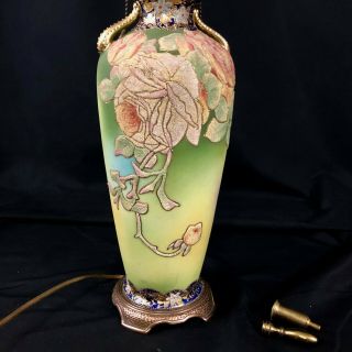 Antique Large Nippon Royal Coralene Vase Lamp 27 "