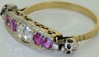 Astonishing Victorian Memento Mori 14k Gold,  0.  5ct Diamond&rubies Skull Ring