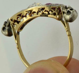 Astonishing Victorian Memento Mori 14k gold,  0.  5ct Diamond&Rubies Skull ring 2