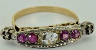 Astonishing Victorian Memento Mori 14k gold,  0.  5ct Diamond&Rubies Skull ring 4