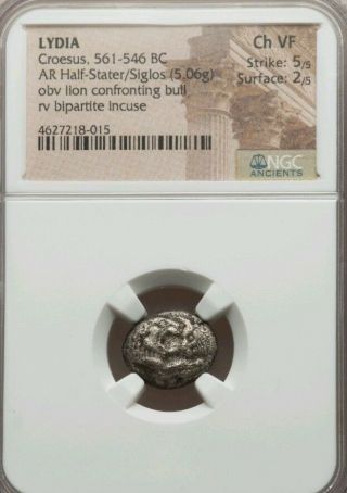 Lydia,  Croesus 1/2 Stater Siglos Ngc Choice Vf 5/2 Ancient Silver Coin