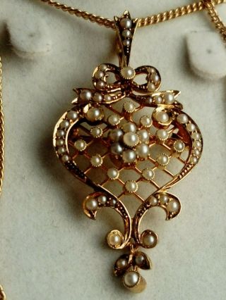 Antique Victorian Necklace Pendant 15ct Gold With 60 Pearls