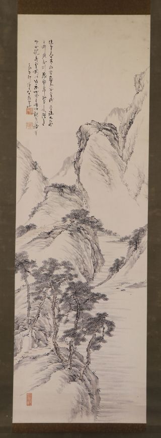 Japanese Hanging Scroll Art Painting Sansui Landscape Asian Antique E7583