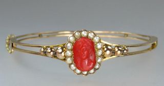 Wonderful Antique Victorian 9k Gold Coral Cameo Seed Pearl Bangle Bracelet 1900
