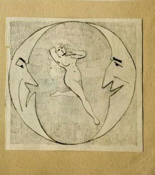 Ancient Vintage Ink Drawing - Dessin Ancien - Woman And Moon,  Erotica