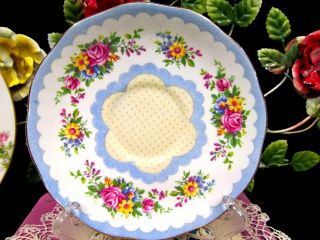 ROYAL ALBERT tea cup and saucer Prudence in blue rose bouquet teacup lace 1920 ' s 2