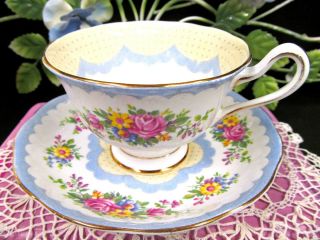 ROYAL ALBERT tea cup and saucer Prudence in blue rose bouquet teacup lace 1920 ' s 4