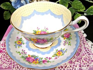 ROYAL ALBERT tea cup and saucer Prudence in blue rose bouquet teacup lace 1920 ' s 5