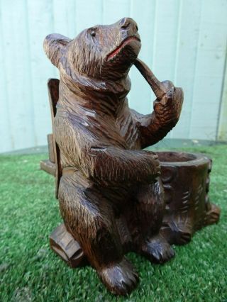 19thc Black Forest Wooden Oak Carving Of Brown Bear With Pipe C1890s