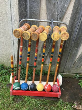 Vintage Wood Croquet Set Mallets Balls Wickets Stake Cart