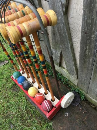 Vintage Wood Croquet Set mallets balls wickets stake cart 2