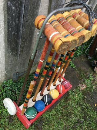 Vintage Wood Croquet Set mallets balls wickets stake cart 3