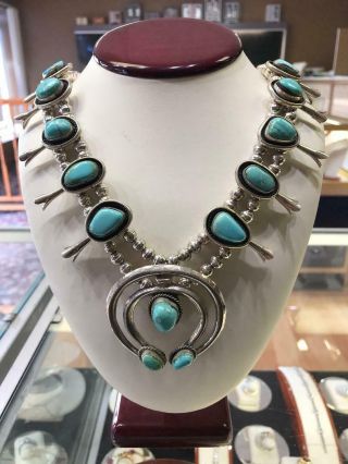 Squash Blossom Necklace Sterling Silver Turquoise Tribal 2 Strand Pg