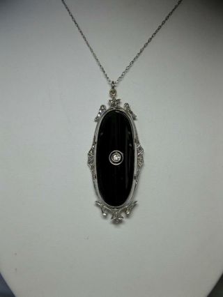 Edwardian Rose Cut Diamond Black Onyx Pendant Necklace 14k White Gold C1900