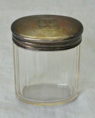 Antique Glass Dresser Vanity Jar W Sterling Lid W Coat Of Arms