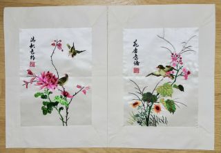 Chinese Silk Panel Vintage Mid Century Wall Art Bird Embroidery Set (2) Signed