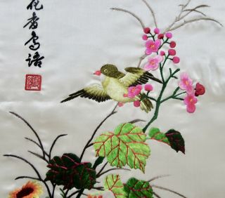 Chinese Silk Panel Vintage Mid Century Wall Art Bird Embroidery Set (2) Signed 2