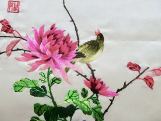 Chinese Silk Panel Vintage Mid Century Wall Art Bird Embroidery Set (2) Signed 3