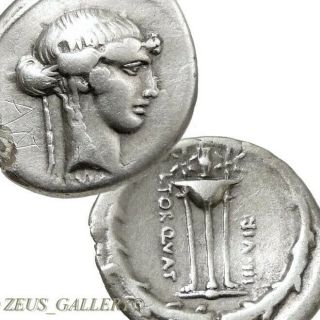 Sybil,  Tripod,  Torquatus.  Manlia 12 Rare 65 Bc Ancient Roman Silver Denarius Coin