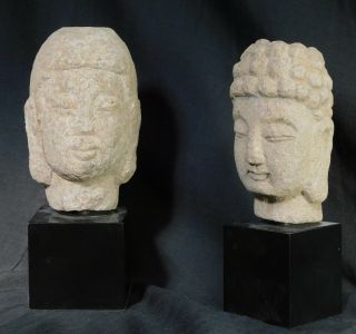 Vintage Not Ancient Granite Limestone Buddha Heads Carved Natural Stone Bust 80s