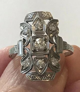 Antique Art Deco 18k White Gold Diamond 7 Stone Shield Cocktail Ring Sz 8.  5
