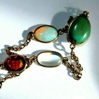 Antique Victorian 9ct Gold Gemstone Bracelet.  Opal,  Blue Moonstone,  Turquoise.