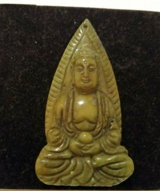 Antique Chinese Asian Green Hard Stone Hand Carved Budda Icon Pendant 50 Gm