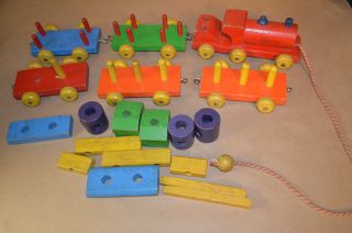 Vintage 1950s Playskool Wooden Train & Blocks Set Engine 1813