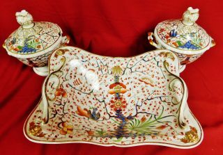 3 Pc Antique 19th C.  Royal Crown Derby Service Set - Tureens And Center Bowl