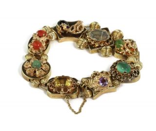 Vintage Portrait & Gems 14k Yellow Gold 8 Slide Charms Bracelet