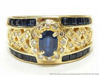 Natural Blue Sapphire Fine Diamond 14k Gold Ring Ladies Wide Cigar Band Size 6.  5