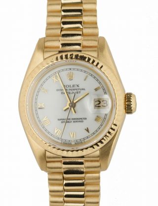 1985 Ladies Rolex Datejust President 26mm White Roman Numeral Dial 69178 Gold