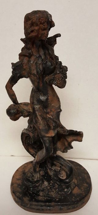 Cast Iron Figural Woman Statue Sculpture Carrying Fruit