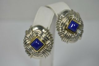 Tiffany & Co 4ct Blue Lapis Sterling Silver 18k Gold Earrings Vintage 1980s Rare