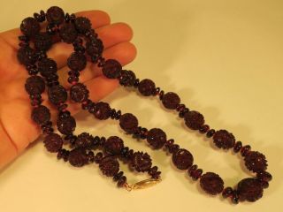 Art Deco Carved Cherry Amber Bakelite Flower Bead Necklace 26 " Long 72 Grams