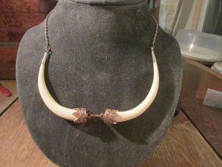 Antique Rare 9ct Gold Double Wild Boar Tusk Trophy Necklace